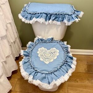 VTG Handmade Bathroom Longated Toilet Seat Lid & Tank Covers Country Blue 90s